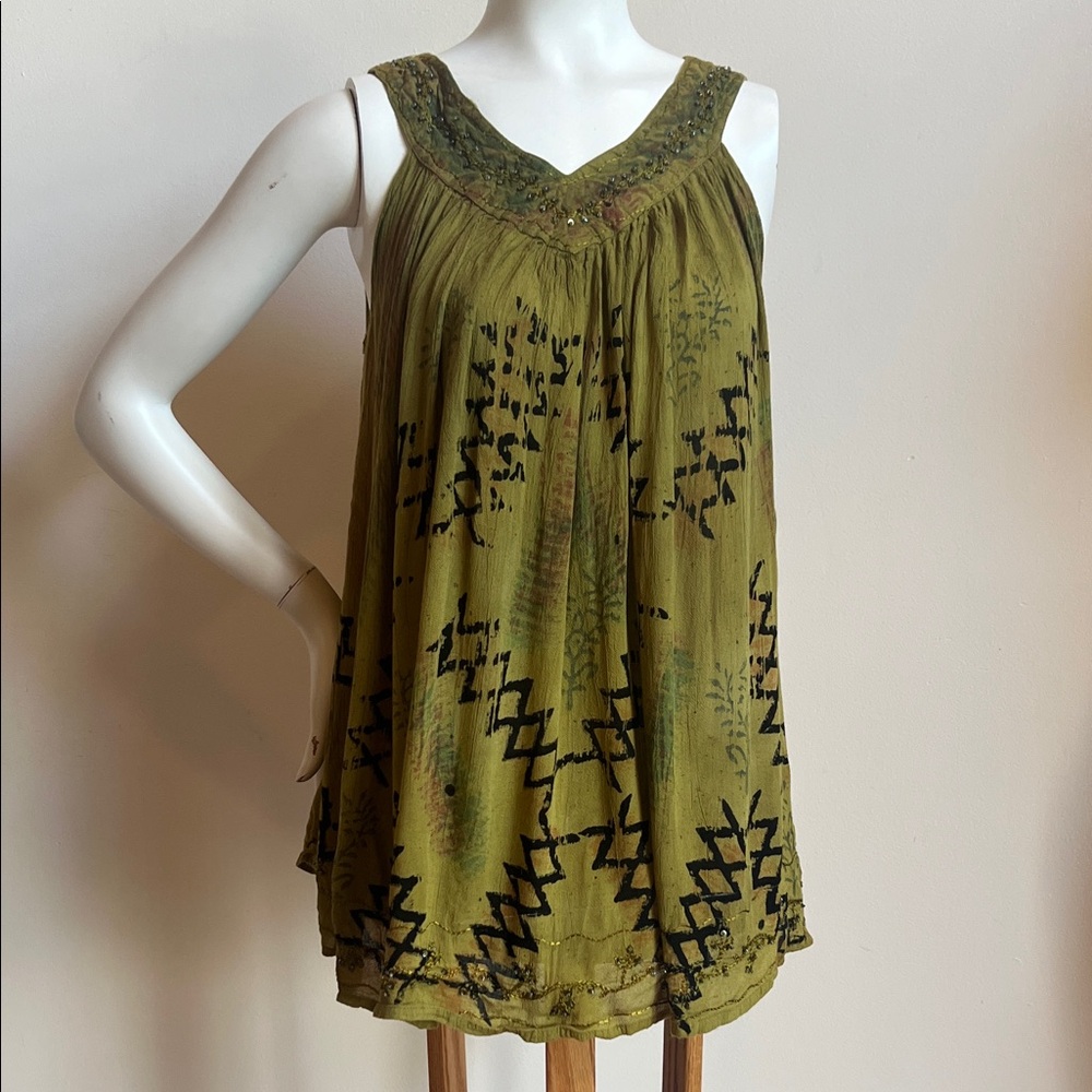 Just Cruising tank Gypsy inspiration Olive Patterned Sleeveless Women's Top